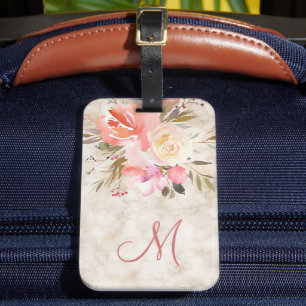 Feminin marmor och Blommönster med Monogram Bagagebricka