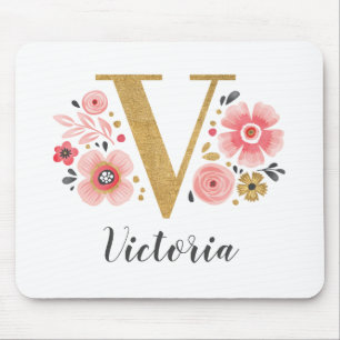 Feminin monogram Första Rosan Guld Brev V Musmatta