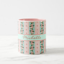 Feminin monogram Rosa Mint Blommigt Tapet utseende Två-Tonad Mugg