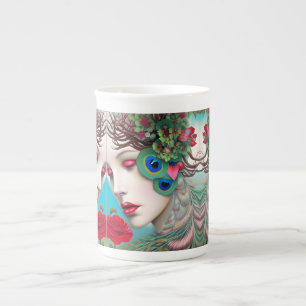 Feminin Red Läppar och Ro Peacock Abstrakt Benporslin Mugg