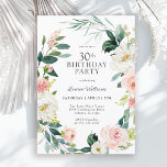 Feminin  Ro Blommigten 30års födelsedag Party Inbjudningar<br><div class="desc">Ett vackert femininin 30års födelsedag-parti invigde en andedräkt av rosa och vitt ro med vattenfärg och efterföljande grön. Kombinationerna färg är både feminina och glada att förbereda gästerna för ett lycklig firande. Anpassa till händelseinformationen genom att ersätta exempeltexten som visas i designmallen. Du kan använda den här inbjudan för alla...</div>