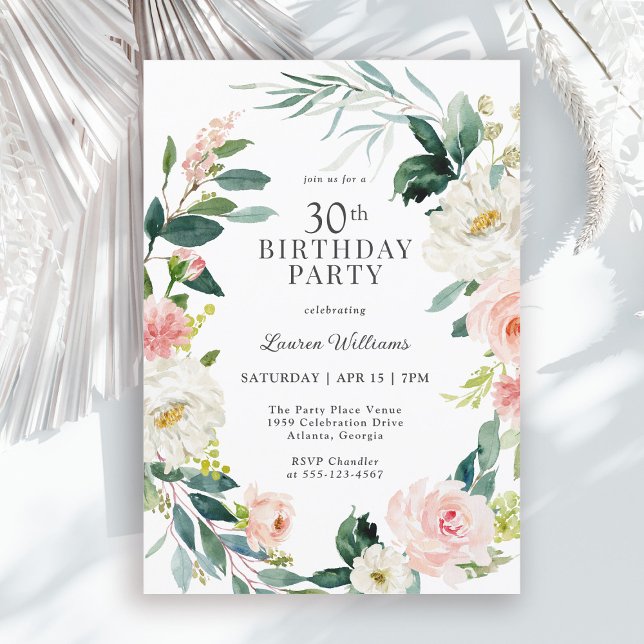 Feminin  Ro Blommigten 30års födelsedag Party Inbjudningar (Available in both printed and instant download digital formats.)
