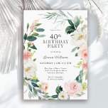 Feminin  Ro-Blommigten 40:e födelsedagen Party Inbjudningar<br><div class="desc">Ett vackert feminininjud på 40-årsfesten inramade i en andedräkt av rosa och vitt ro och efterföljande grönsak. Kombinationerna färg är både feminina och glada att förbereda gästerna för ett lycklig firande. Anpassa till händelseinformationen genom att ersätta exempeltexten som visas i designmallen. Du kan använda den här inbjudan för alla åldersgrupper...</div>