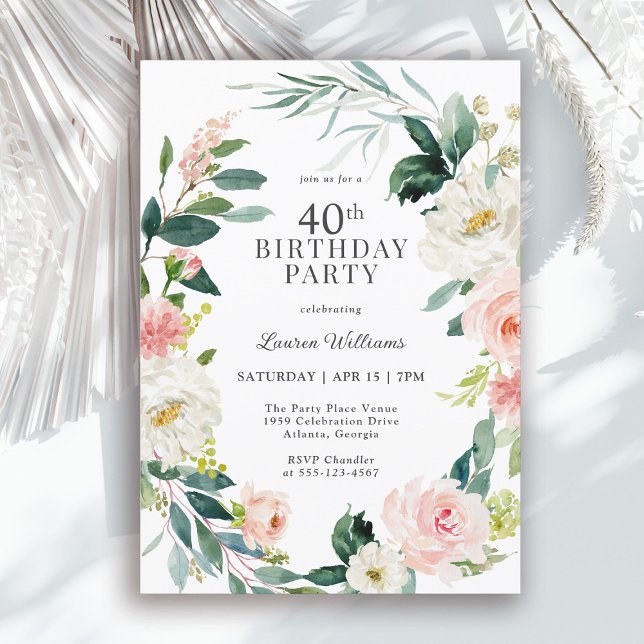 Feminin  Ro-Blommigten 40:e födelsedagen Party Inbjudningar (Available as both printed and instant download digital formats.)