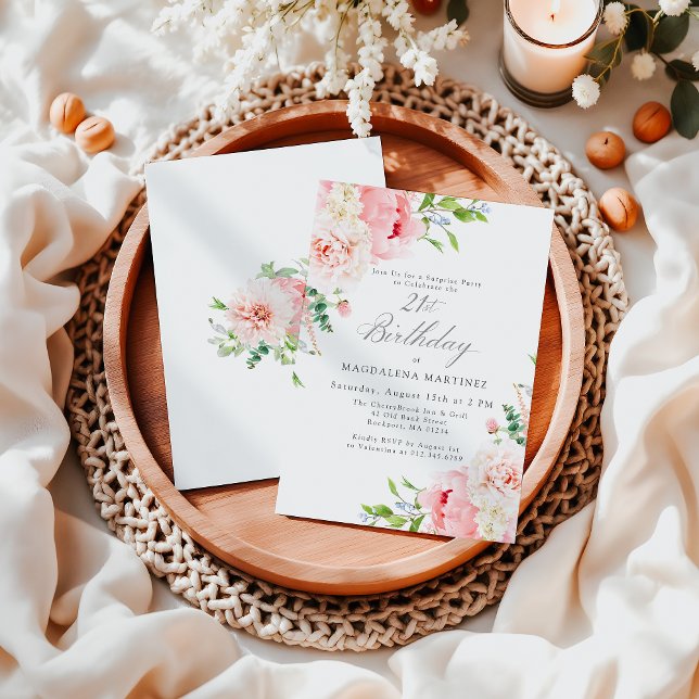 Feminin Rosa Blommigt 21:a födelsedag Party Inbjudningar (Skapare uppladdad)