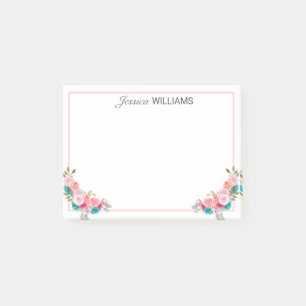 Feminin Rosa Blue Bukett med rosor Watercolor Post-it Block