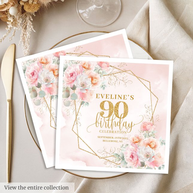 Feminin  rosa guld 90:e födelsedag pappersservett (Feminine blush pink gold 90th birthday celebration Napkins )