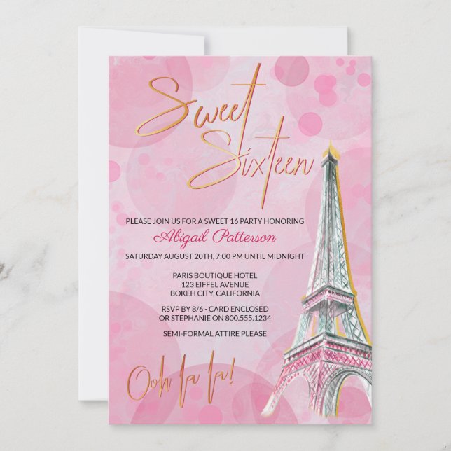 Feminin Rosa och Guld Eiffel Torn Paris Sweet 16 Inbjudningar (Framsida)