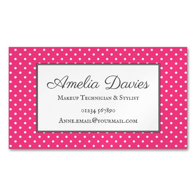 Feminin Rosa Retro Polka Dot Affärskort Magnet (Framsida)