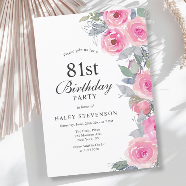 Feminin Rosa Vattenfärgad Blommigt Chic 81:a födel Inbjudningar (Skapare uppladdad)