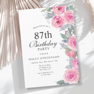 Feminin Rosa Vattenfärgad Blommigt Chic 87:e födel Inbjudningar