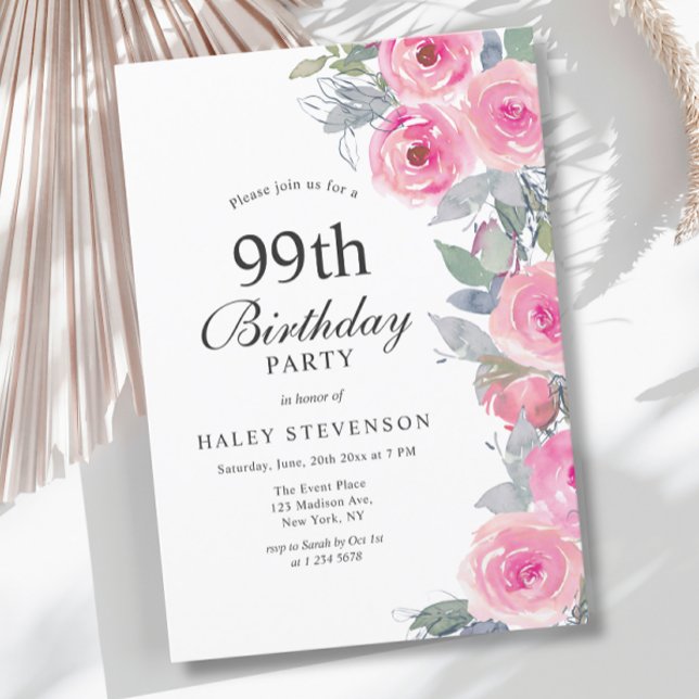 Feminin Rosa Vattenfärgad Blommigt Chic 99:e födel Inbjudningar (Skapare uppladdad)