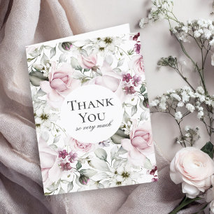 Feminin Rosa Vattenfärgad Blommigt Tack Kort