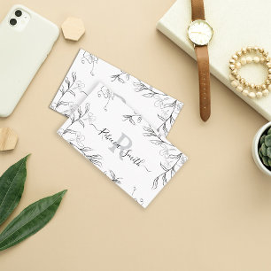 Feminin Sketch Grått Blommigt QR Kod Visitkort