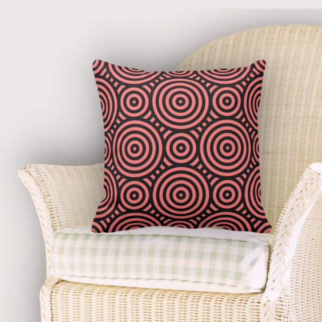 Feminin svart- och Rosa kapslade cirklar Mönster Kudde (Feminine Black & Pink Nested Circle Pattern Throw Pillow, Dining Room)