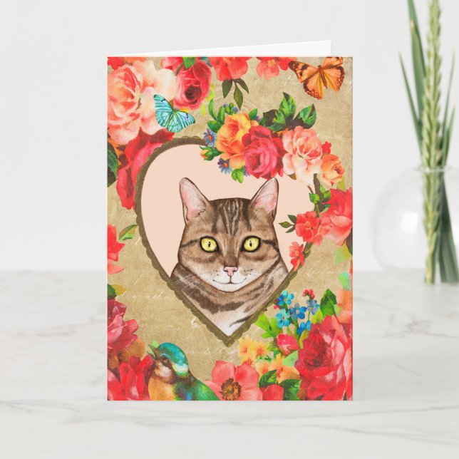 Feminin Valentine med en katt i Heart Ram Kort (Framsida)