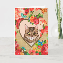 Feminin Valentine med en katt i Heart Ram Kort