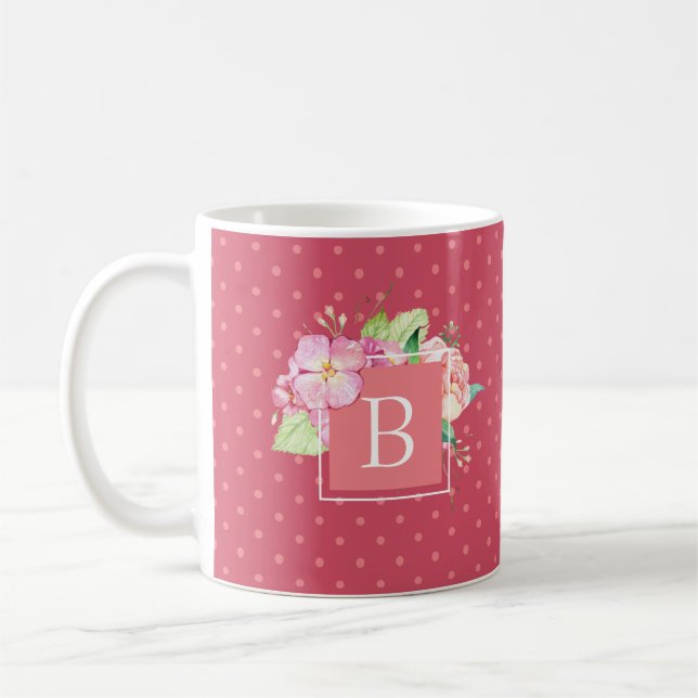 Feminin vattenfärgad Blommigt Monogram Initial Ros Kaffemugg (Vänster)