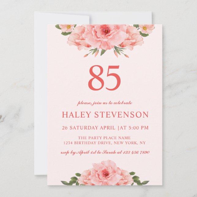 Feminin vattenfärgad koral Chic Blommigt 85 födels Inbjudningar (Framsida)