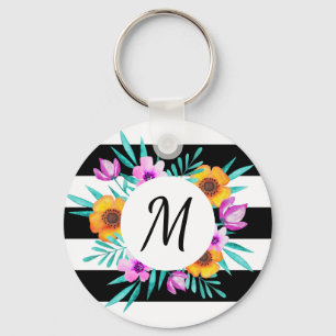 Feminin vattenfärgsblommor Anpassningsbar Monogram Nyckelring