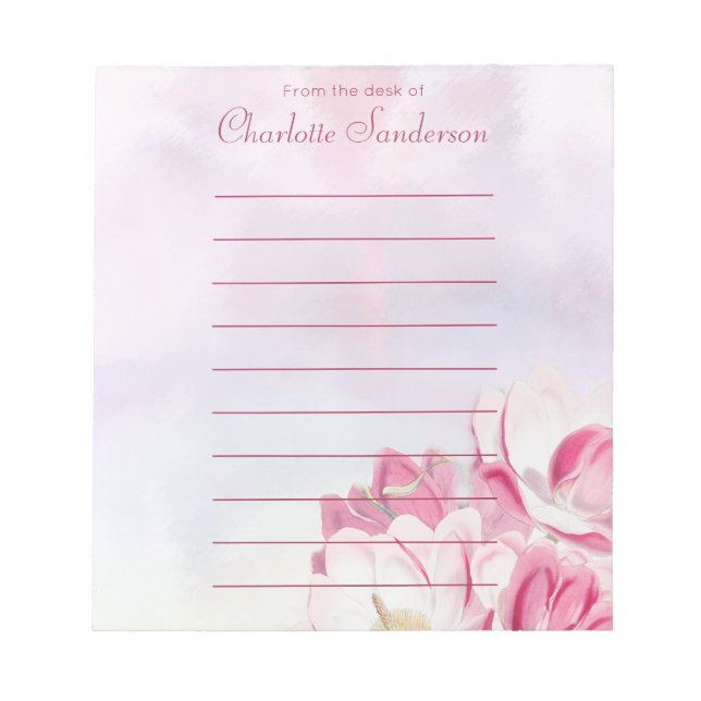 Feminin vattenfärgsblommor Rosa från skrivbordet Anteckningsblock (Framsida)