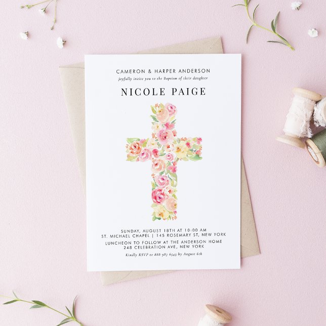 Feminin vattenfärgsfärg Vår Blommigt Kor Baptism Inbjudningar (Skapare uppladdad)
