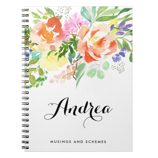 Feminin vattenfärgspersikor Peonies Personlig Anteckningsbok Med Spiral (Framsidan)