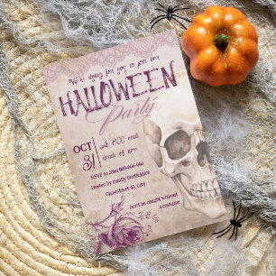 Feminin vintage rosa skalle vuxen halloween fest inbjudningar