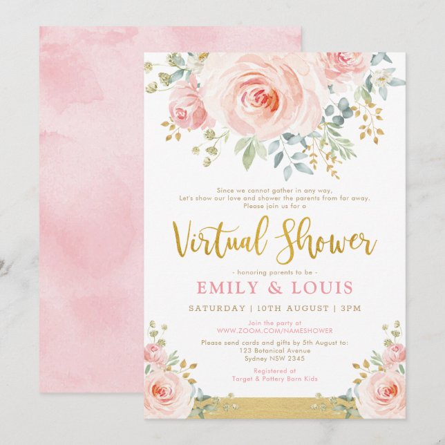 Feminin Virtuellare babyskor  Rosa Guld Rosor Inbjudningar (Fram/baksida)