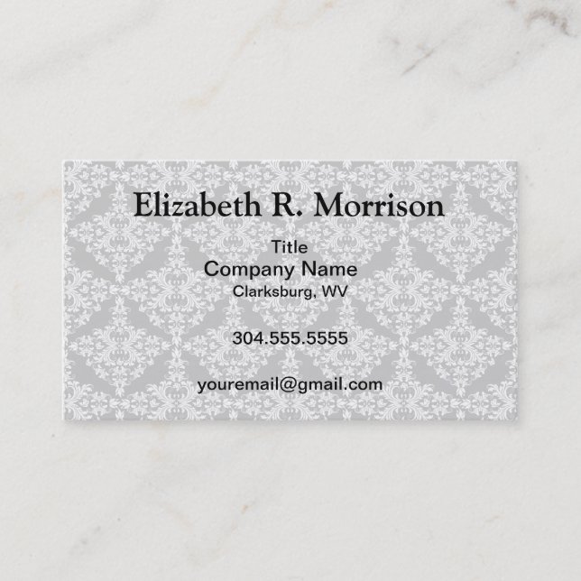 Feminin vit på svart Damask Visitkort (Framsida)