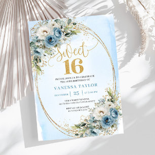 Feminina dammiga blå blommiga Sweet Sixteen-inbjud Inbjudningar