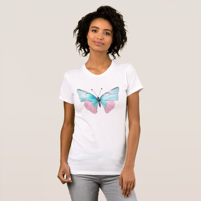 Feminina Rosa och Aqua Fjäril T Shirt (Hel framsida)