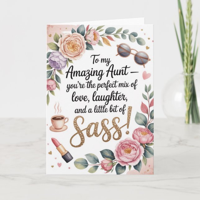 Feminine Birthday Card with Floral and Glitter Kort (Framsida)