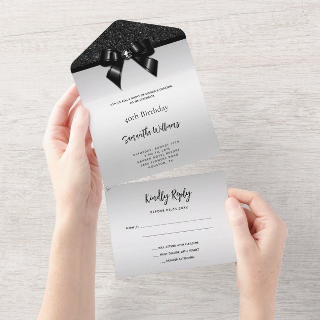 Feminine Black Gem Bow & Glitter Birthday (Avrivbar del)
