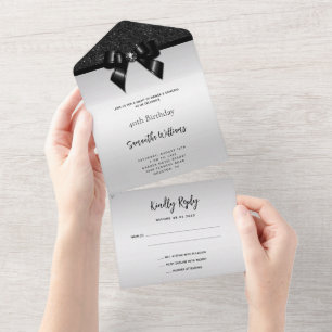 Feminine Black Gem Bow & Glitter Birthday