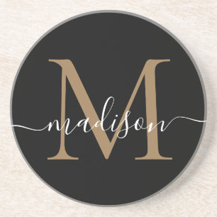 Feminine Black Guld Monogram Script Elegant Modern Underlägg