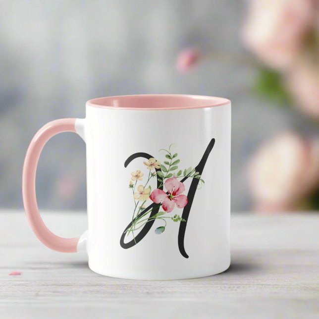 Feminine Black Script Brev " H" Flowers Rosa Mugg (Skapare uppladdad)