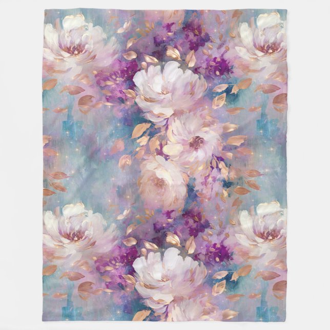 Feminine Blue White Guld Lila blommor Fleecefilt (Framsidan)