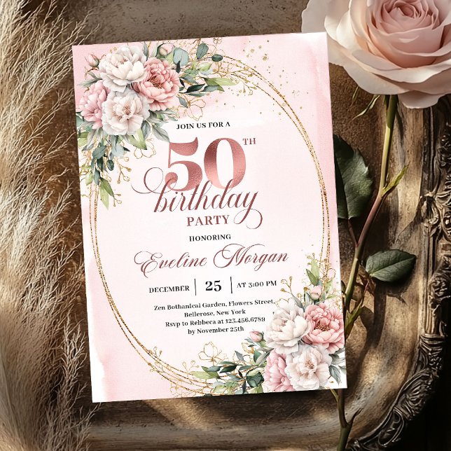 Feminine Blush Floral 50th Birthday Celebration  Inbjudningar (Feminine Blush Floral 50th Birthday Celebration Invite)