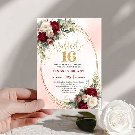 Feminine Boho Burgundy Gold Floral Sweet Sixteen Inbjudningar