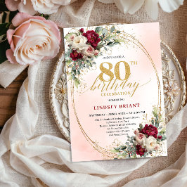 Feminine Boho Floral Burgundy 80th Birthday Invite Inbjudningar