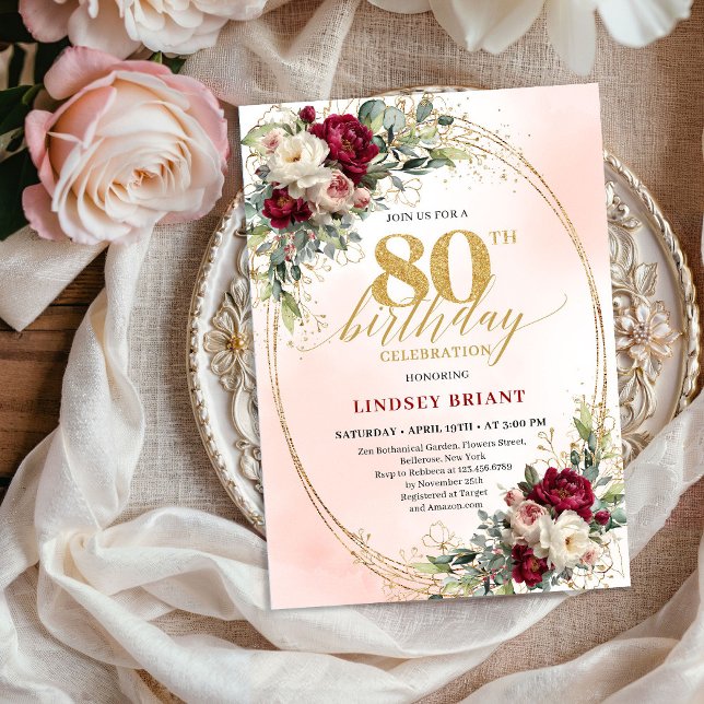 Feminine Boho Floral Burgundy 80th Birthday Invite Inbjudningar (Feminine Boho Floral Burgundy 80th Birthday Invite)