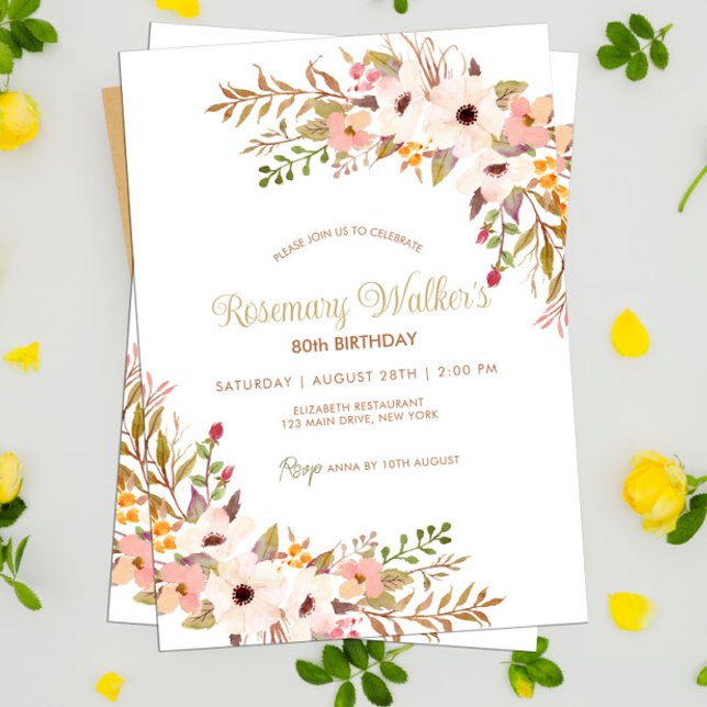 Feminine Boho Ro Blommigt 80: e Födelsedagsfesten Inbjudningar (Floral Adult 80th Birthday Invitation)