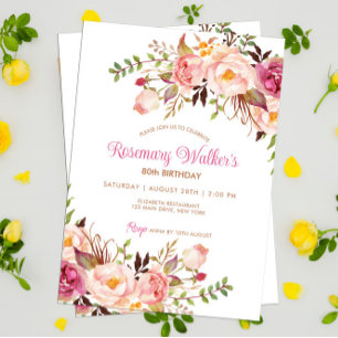 Feminine Boho Rosa Peony Blommigt 80:e födelsedage Inbjudningar