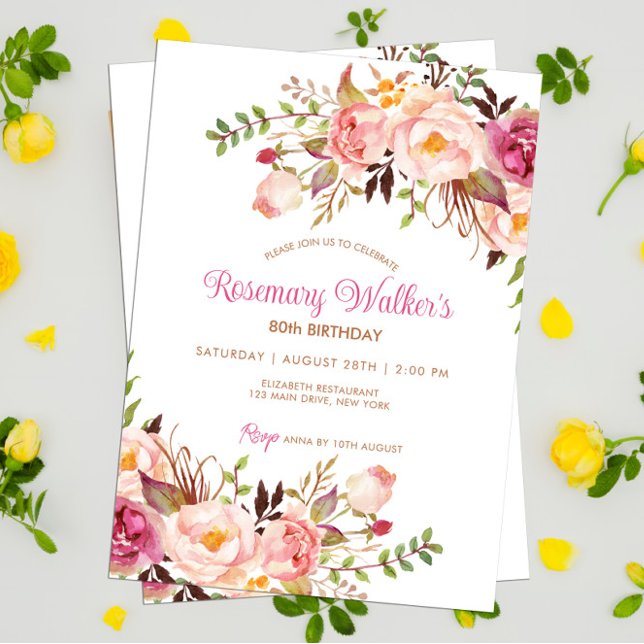 Feminine Boho Rosa Peony Blommigt 80:e födelsedage Inbjudningar (Floral Peony Adult 80th Birthday Invitation)