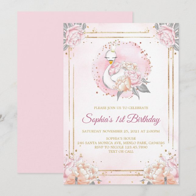 Feminine Boho Svan Princess Rosa  födelsedag Inbjudningar (Fram/baksida)