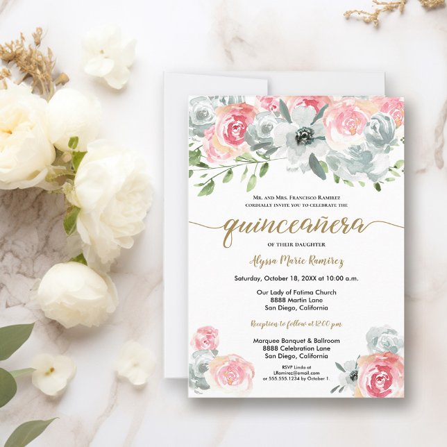 Feminine Boho Watercolor Blommigt Quinceanera Inbjudningar (Roses watercolor quinceanera invitation)