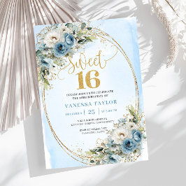 Feminine Dusty Blue Floral Sweet Sixteen Invite Inbjudningar