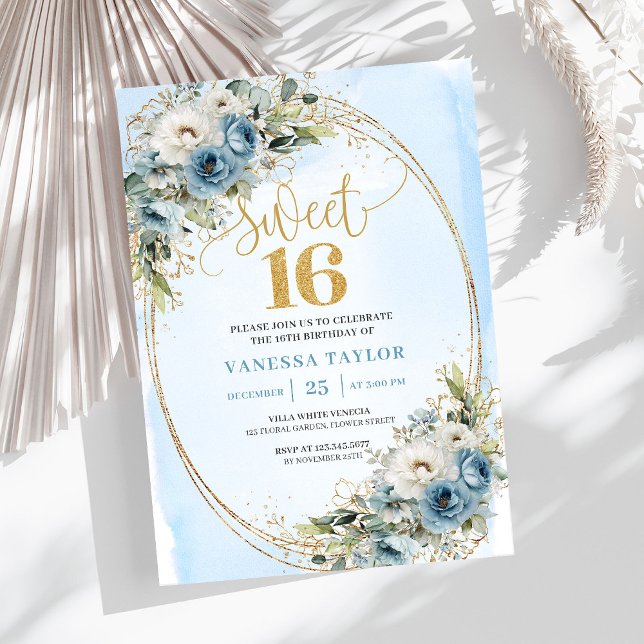 Feminine Dusty Blue Floral Sweet Sixteen Invite Inbjudningar (Feminine Dusty Blue Floral Sweet Sixteen Invitation)