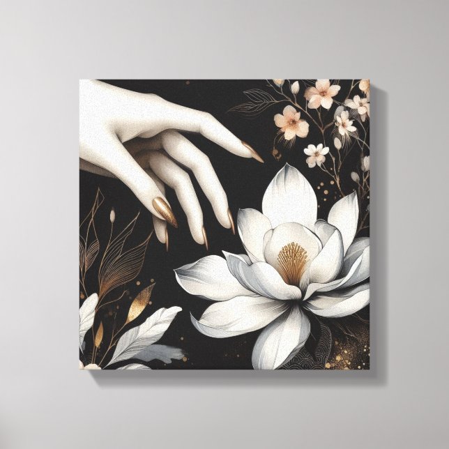 Feminine Hand with Magnolia Flower Art Canvastryck (Framsida)
